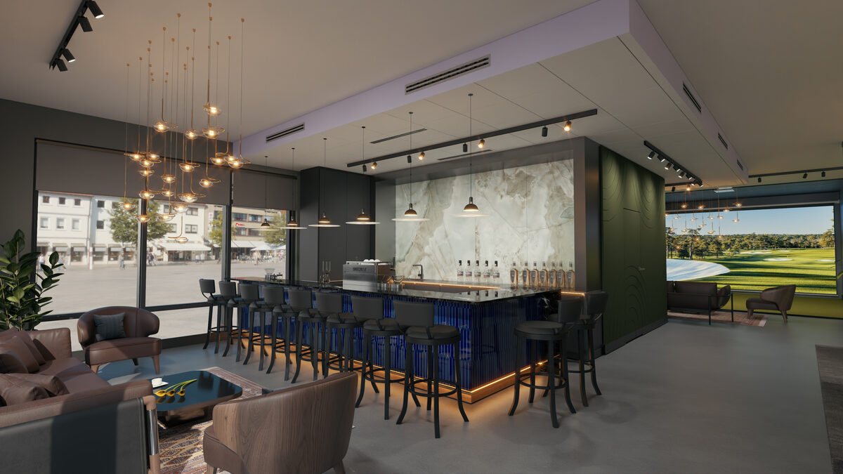 Interior render of Tee'd Up Golf Lounge showing simulator bays and lounge seating